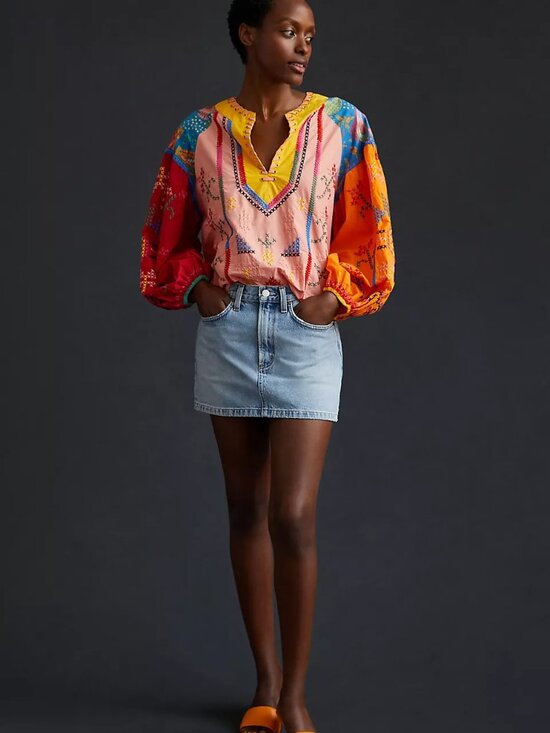 FARM Rio Tops - Farm Rio Embroidered Lace-Up Blouse | Medium | 100% Cotton